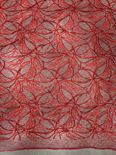 Julie RED Polyester Filament Pattern with Sequins on Mesh Lace Fabric by the Yard for Gown, Wedding, Bridesmaid, Prom - 10154