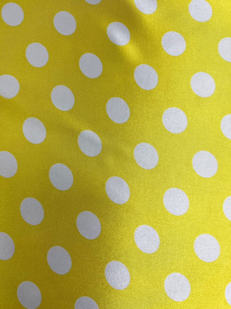 Shelby 0.75" WHITE Polka Dots on YELLOW Polyester Light Weight Satin Fabric by the Yard - 10070