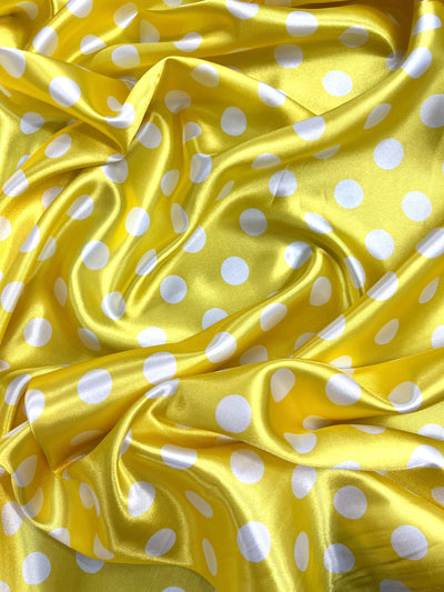 Shelby 0.75" WHITE Polka Dots on YELLOW Polyester Light Weight Satin Fabric by the Yard - 10070