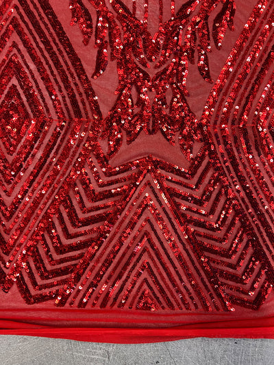 Francesca RED Vines and Diamonds Pattern Sequins on Mesh Lace Fabric by the Yard - 10130