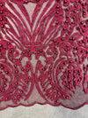 Sabrina BURGUNDY Faux Pearls Beaded Lace Embroidery on Mesh Fabric by the Yard - 10098