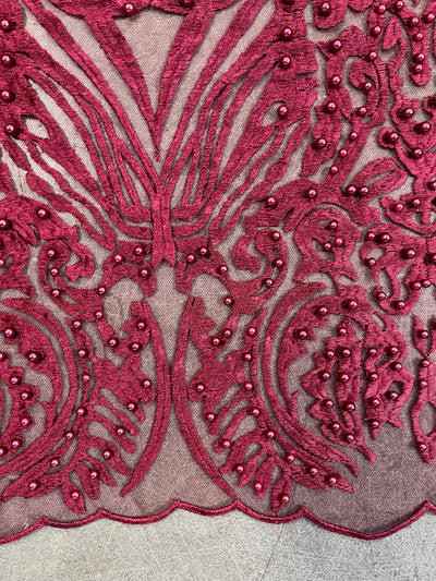 Sabrina BURGUNDY Faux Pearls Beaded Lace Embroidery on Mesh Fabric by the Yard - 10098