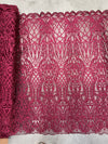 Sabrina BURGUNDY Faux Pearls Beaded Lace Embroidery on Mesh Fabric by the Yard - 10098