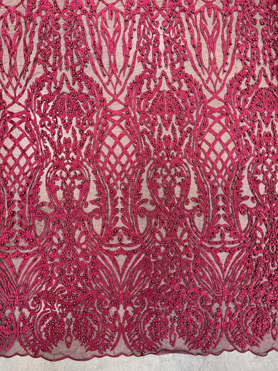 Sabrina BURGUNDY Faux Pearls Beaded Lace Embroidery on Mesh Fabric by the Yard - 10098