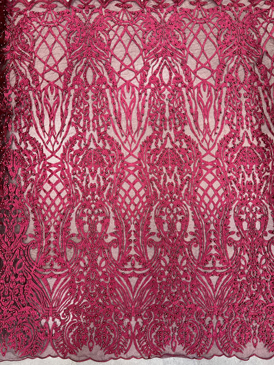 Sabrina BURGUNDY Faux Pearls Beaded Lace Embroidery on Mesh Fabric by the Yard - 10098
