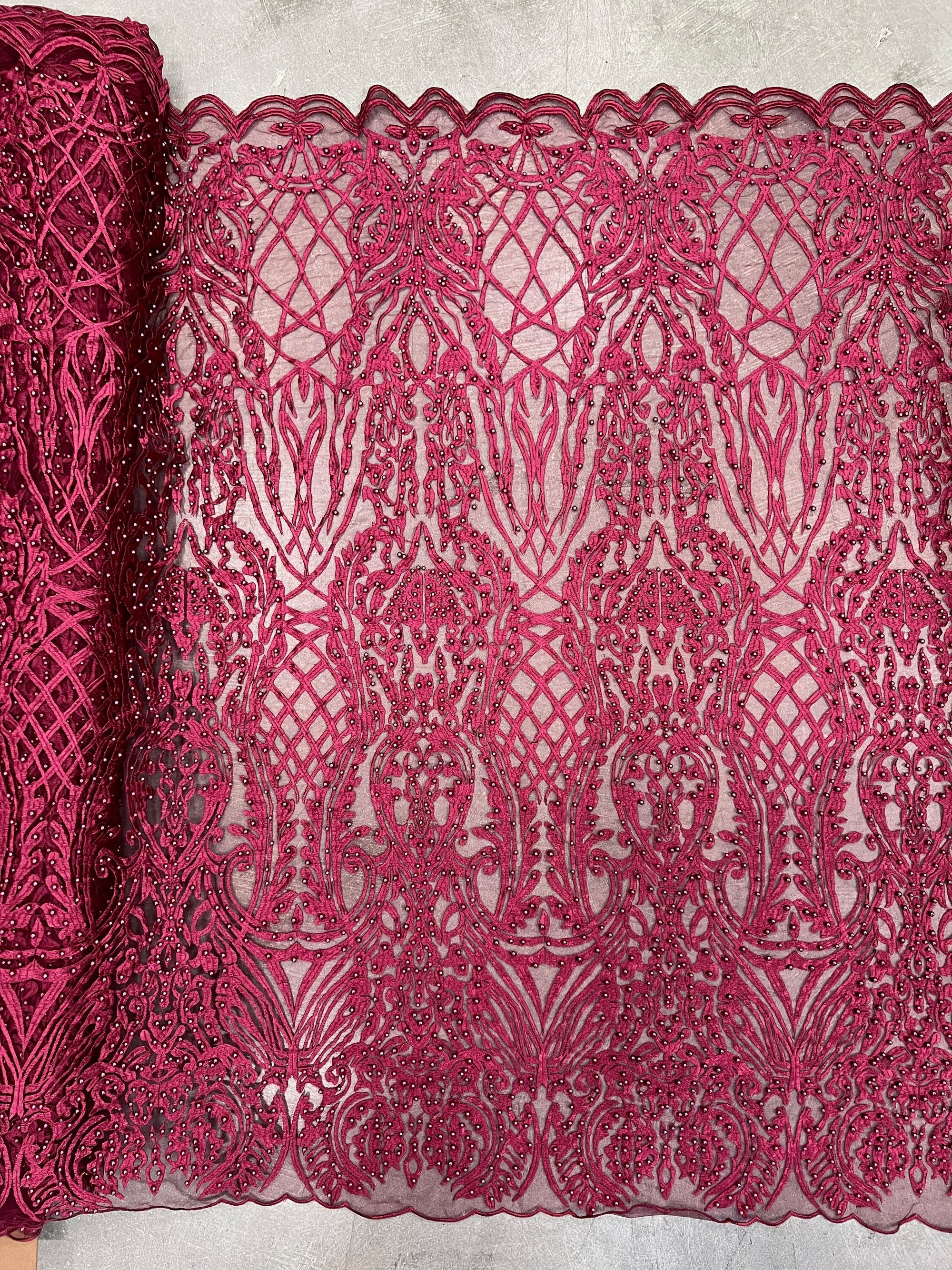 Sabrina BURGUNDY Faux Pearls Beaded Lace Embroidery on Mesh Fabric by the Yard - 10098
