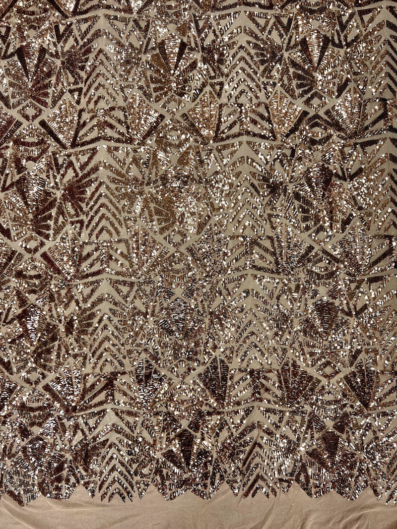 Gia BRONZE Geometric Sequins on DUSTY ROSE Mesh Lace Fabric by the Yard - 10101