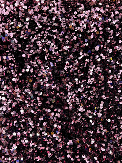 Stephanie DUSTY PINK Overlap Sequins on BLACK Stretch Velvet Fabric by the Yard for Gowns, Apparel, Costumes, Crafts - 10185