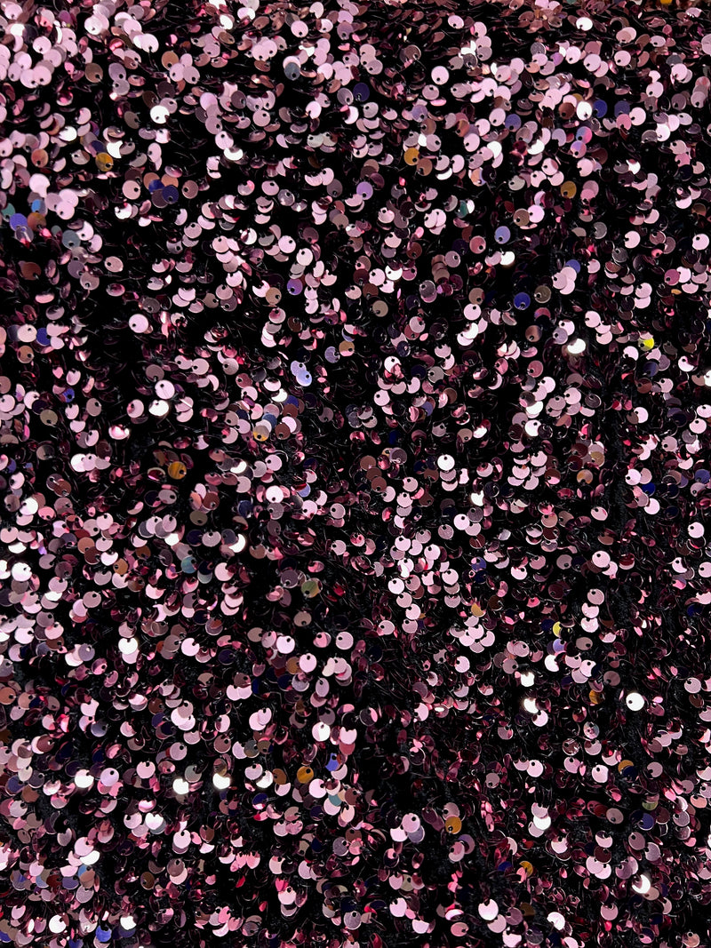 Stephanie DUSTY PINK Overlap Sequins on BLACK Stretch Velvet Fabric by the Yard for Gowns, Apparel, Costumes, Crafts - 10185