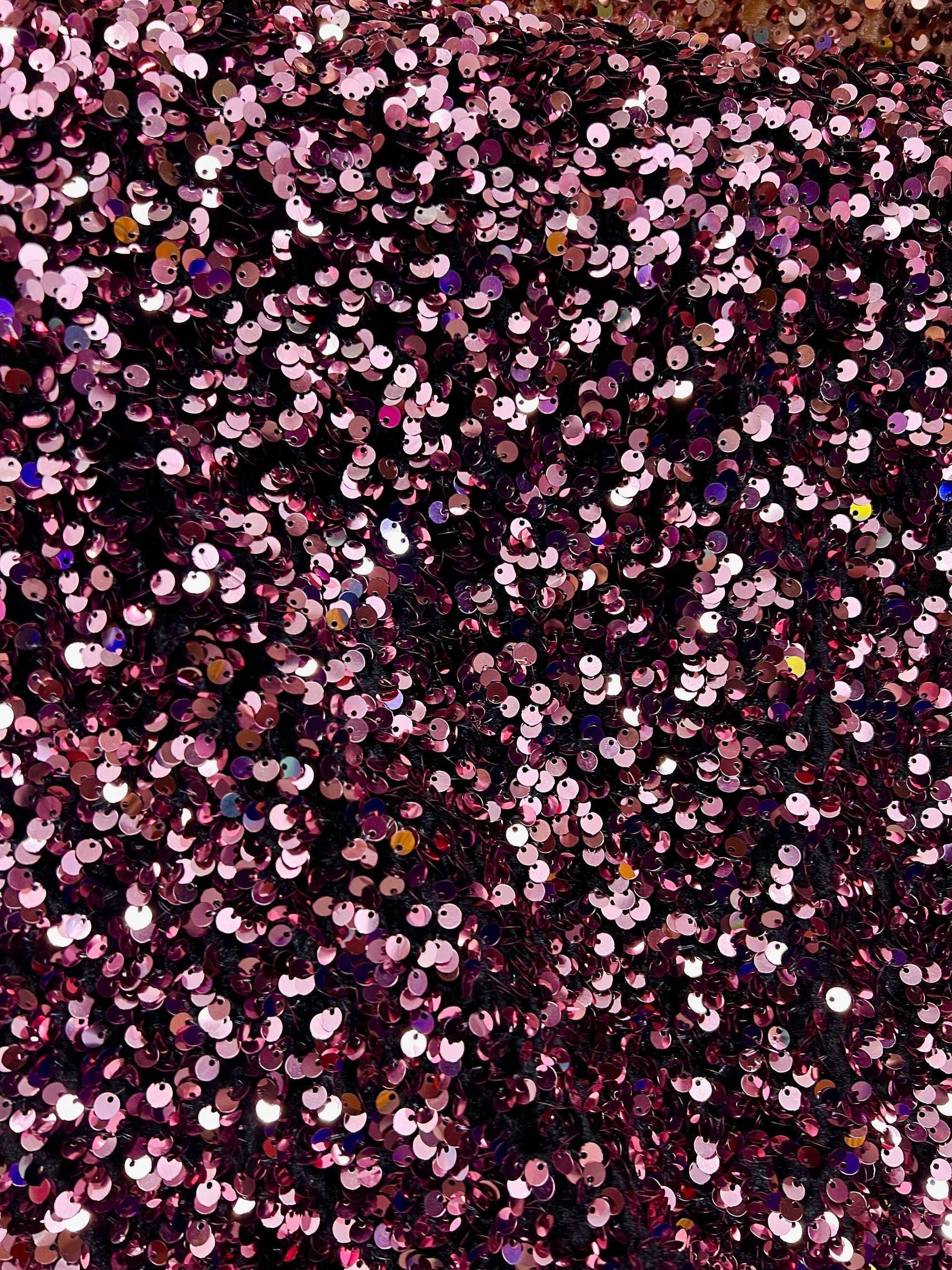 Stephanie DUSTY PINK Overlap Sequins on BLACK Stretch Velvet Fabric by the Yard for Gowns, Apparel, Costumes, Crafts - 10185
