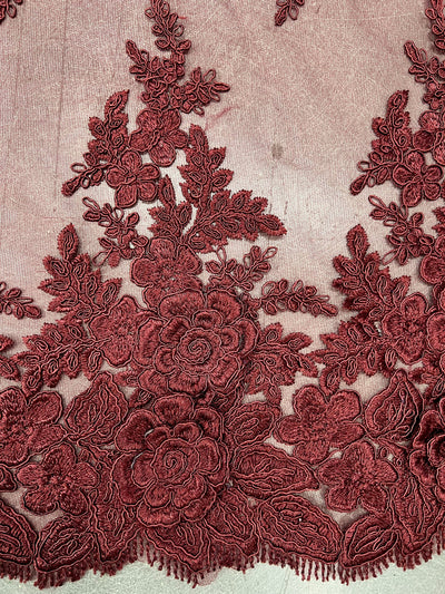 Alessia BURGUNDY Polyester 3D Floral Embroidery on Mesh Lace Fabric by the Yard - 10174