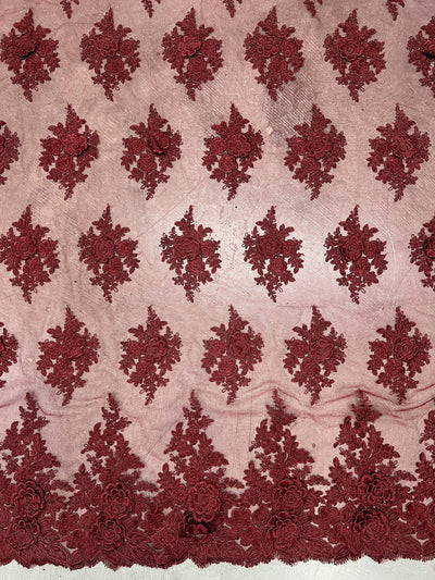 Alessia BURGUNDY Polyester 3D Floral Embroidery on Mesh Lace Fabric by the Yard - 10174