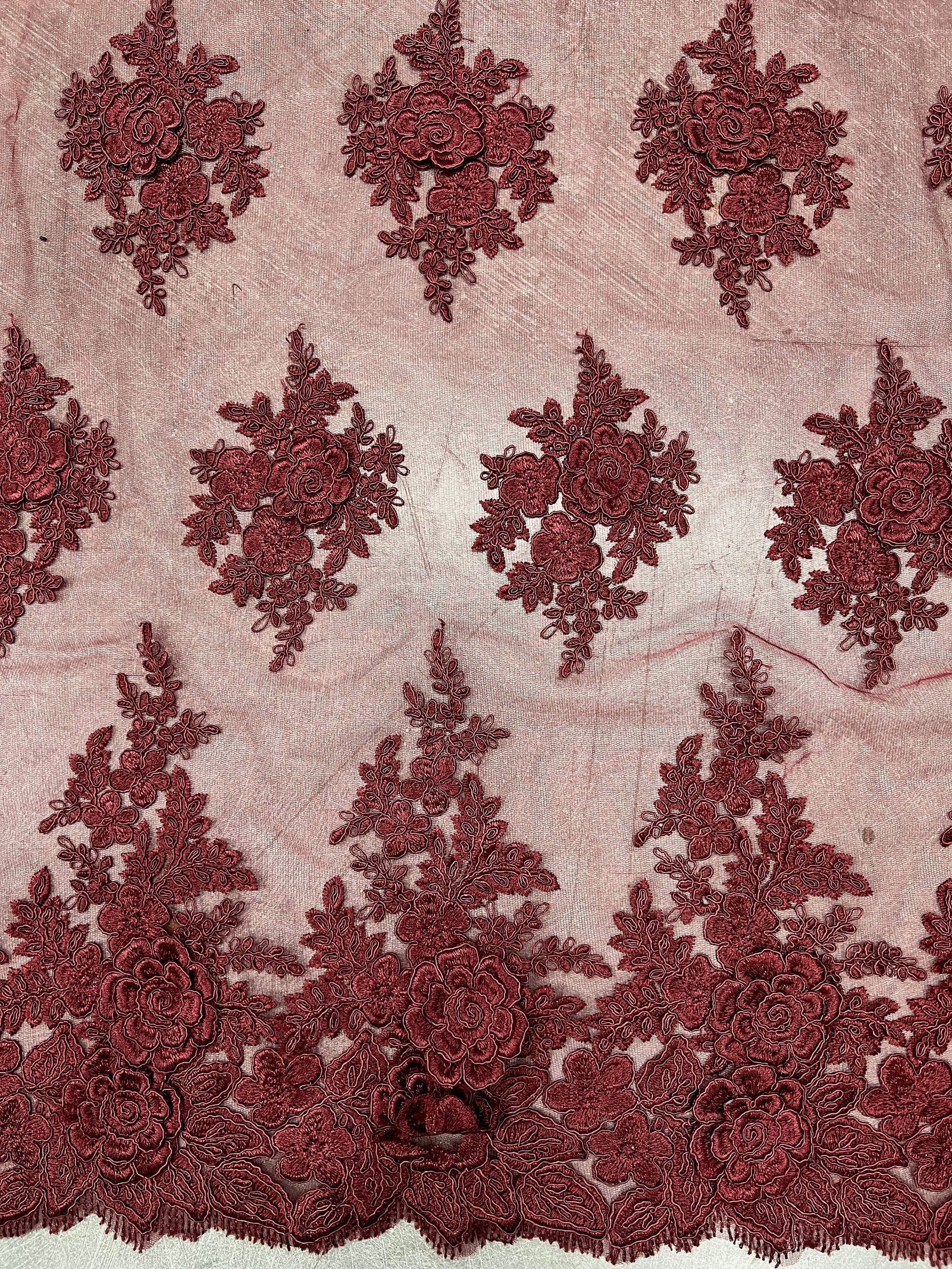 Alessia BURGUNDY Polyester 3D Floral Embroidery on Mesh Lace Fabric by the Yard - 10174