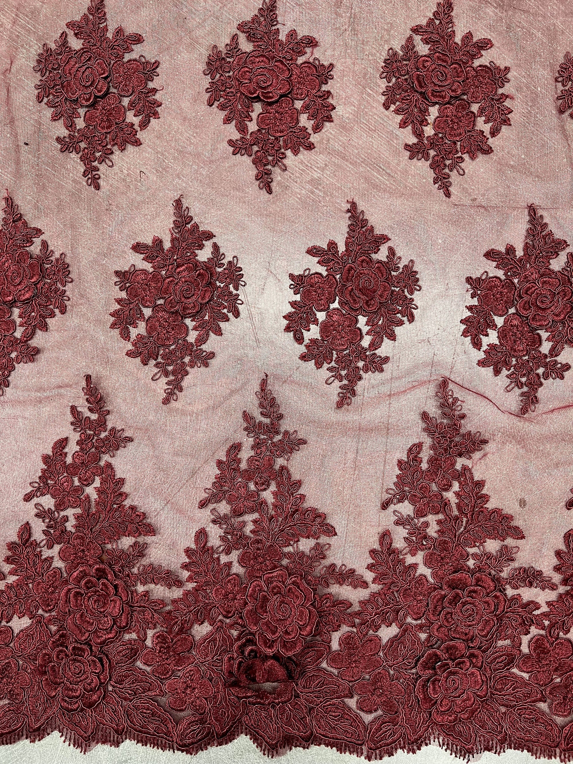 Alessia BURGUNDY Polyester 3D Floral Embroidery on Mesh Lace Fabric by the Yard - 10174
