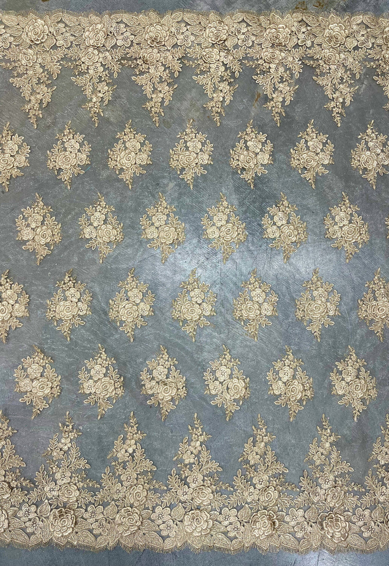 Alessia CHAMPAGNE Polyester 3D Floral Embroidery on Mesh Lace Fabric by the Yard - 10174