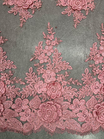 Alessia DARK DUSTY PINK Polyester 3D Floral Embroidery on Mesh Lace Fabric by the Yard - 10174