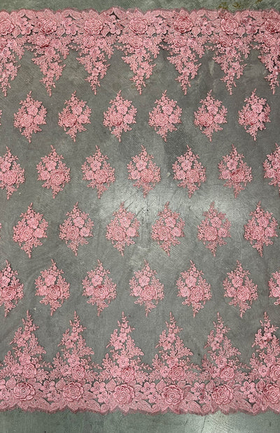 Alessia DARK DUSTY PINK Polyester 3D Floral Embroidery on Mesh Lace Fabric by the Yard - 10174