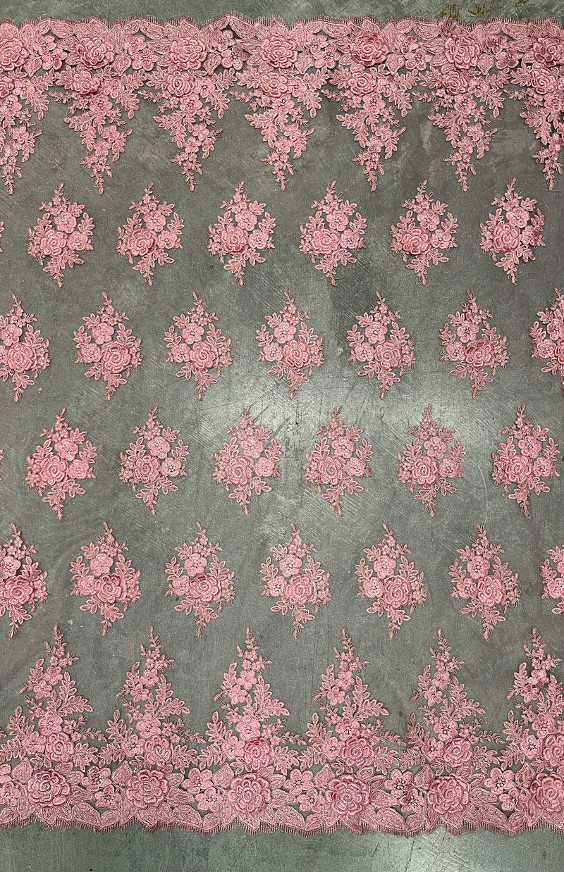 Alessia DARK DUSTY PINK Polyester 3D Floral Embroidery on Mesh Lace Fabric by the Yard - 10174