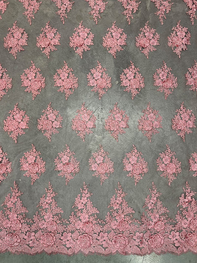 Alessia DARK DUSTY PINK Polyester 3D Floral Embroidery on Mesh Lace Fabric by the Yard - 10174