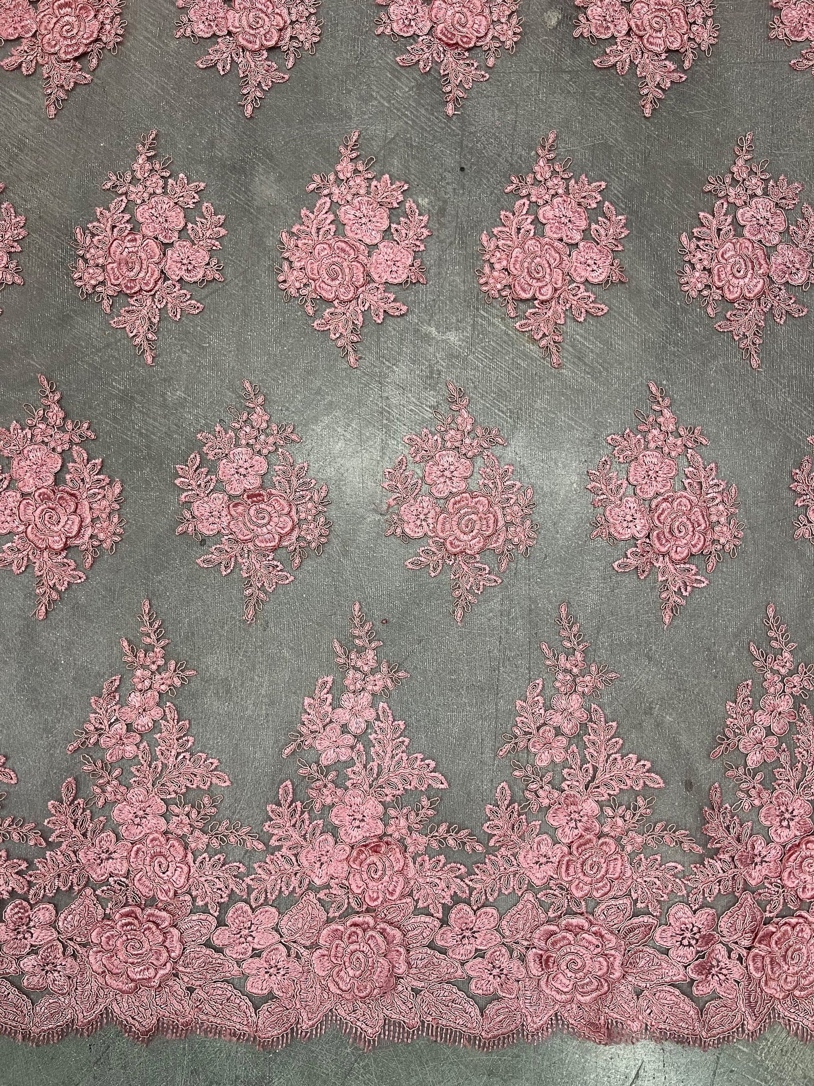 Alessia DARK DUSTY PINK Polyester 3D Floral Embroidery on Mesh Lace Fabric by the Yard - 10174