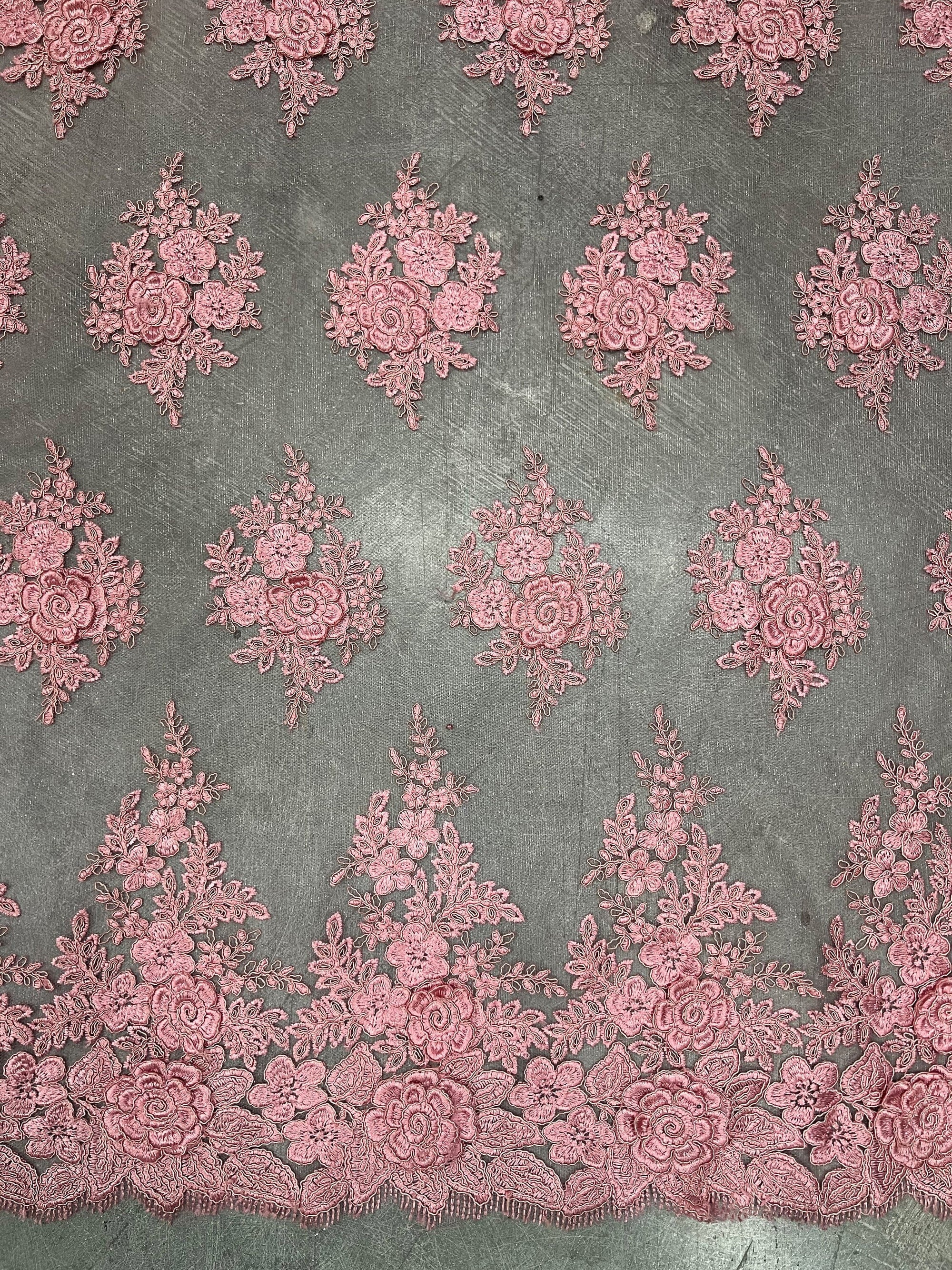 Alessia DARK DUSTY PINK Polyester 3D Floral Embroidery on Mesh Lace Fabric by the Yard - 10174