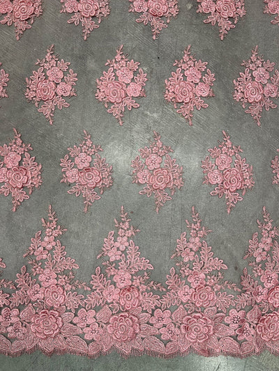 Alessia DARK DUSTY PINK Polyester 3D Floral Embroidery on Mesh Lace Fabric by the Yard - 10174