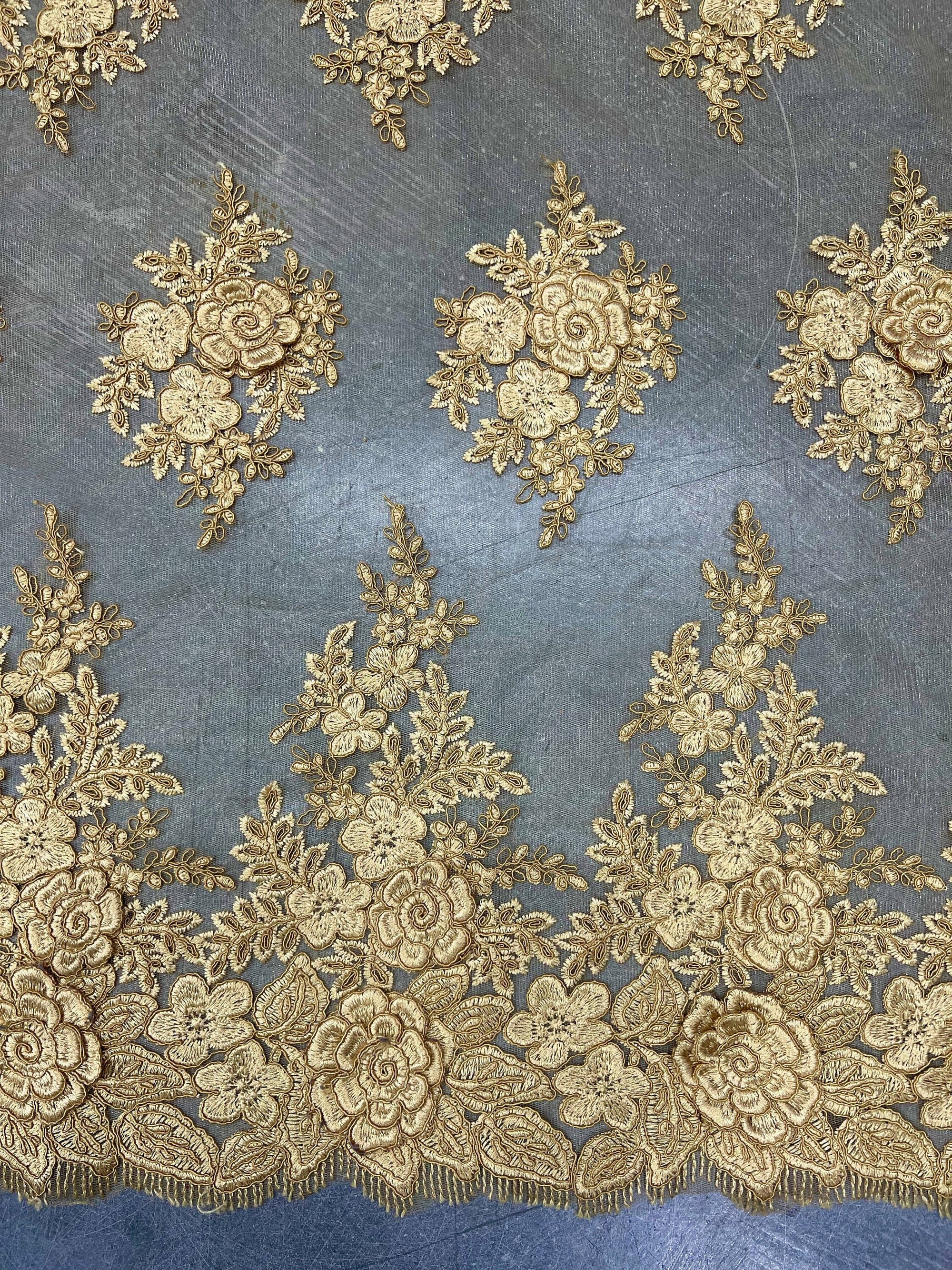Alessia GOLD Polyester 3D Floral Embroidery on Mesh Lace Fabric by the Yard - 10174