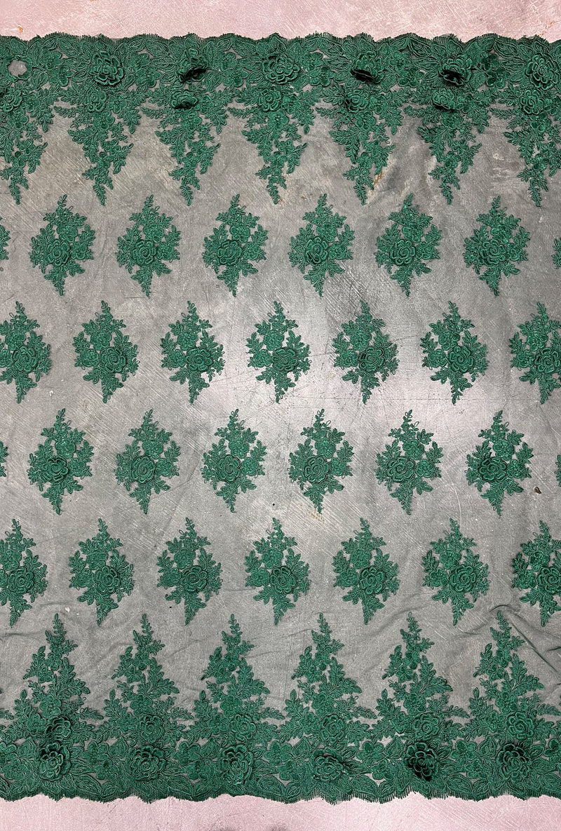 Alessia HUNTER GREEN Polyester 3D Floral Embroidery on Mesh Lace Fabric by the Yard - 10174