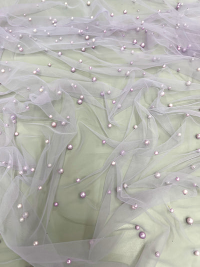 Queenie LAVENDER Faux Pearls on Soft Mesh Lace Fabric for Gowns, Evening Wear, Bridal Wear, Costumes, Crafts - 10199 NewFabricsDaily
