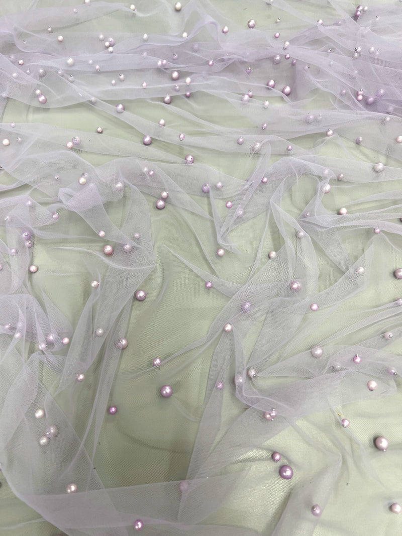Queenie LAVENDER Faux Pearls on Soft Mesh Lace Fabric for Gowns, Evening Wear, Bridal Wear, Costumes, Crafts - 10199 NewFabricsDaily
