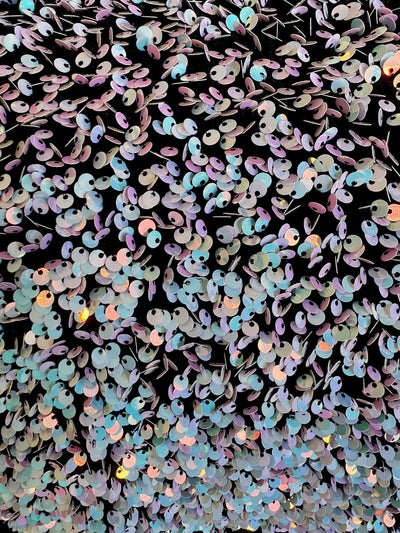 Stephanie IRIDESCENT WHITE Pink Overlap Sequins on BLACK Stretch Velvet Fabric for Gowns, Apparel, Costumes, Crafts - 10185