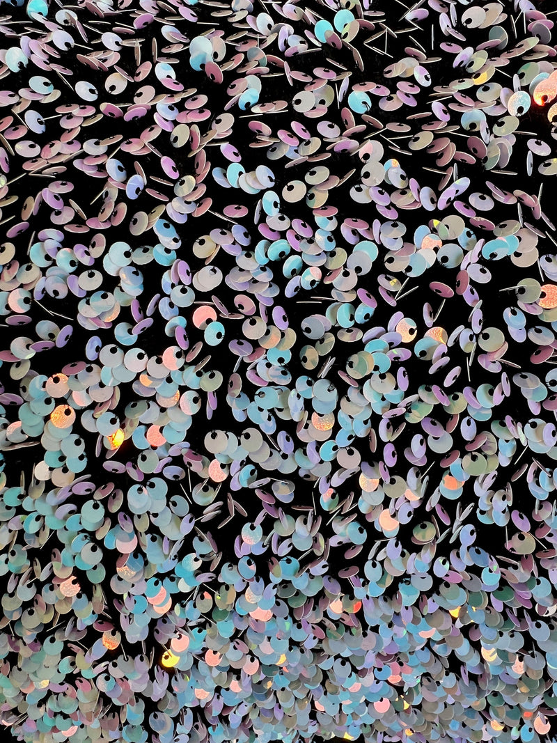 Stephanie IRIDESCENT WHITE Pink Overlap Sequins on BLACK Stretch Velvet Fabric for Gowns, Apparel, Costumes, Crafts - 10185