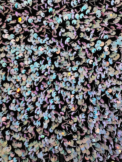 Stephanie IRIDESCENT WHITE Pink Overlap Sequins on BLACK Stretch Velvet Fabric for Gowns, Apparel, Costumes, Crafts - 10185