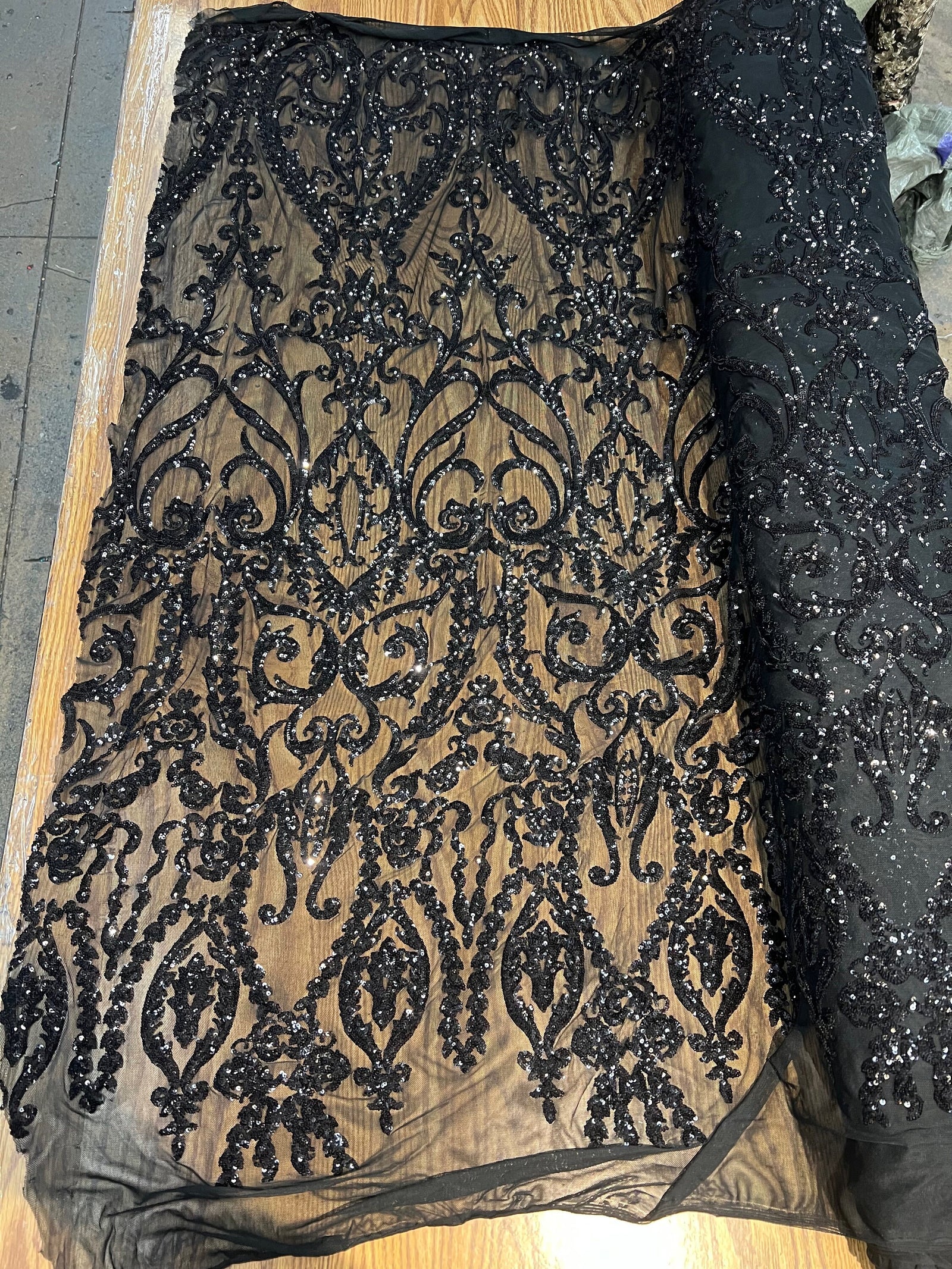 Esmeralda BLACK Sequins on Mesh Lace Fabric by the Yard - 10102