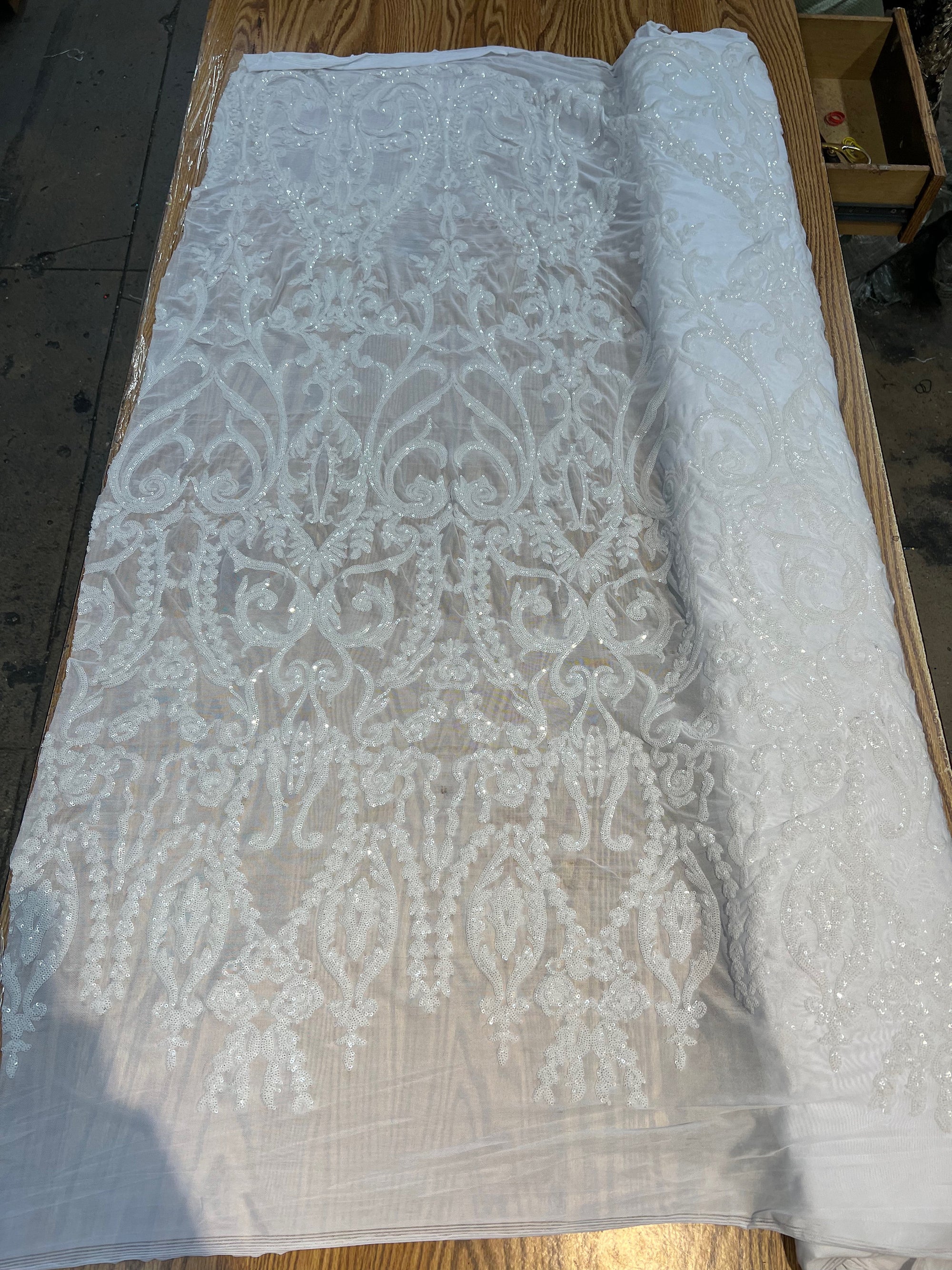 Esmeralda WHITE Sequins on Mesh Lace Fabric by the Yard - 10102