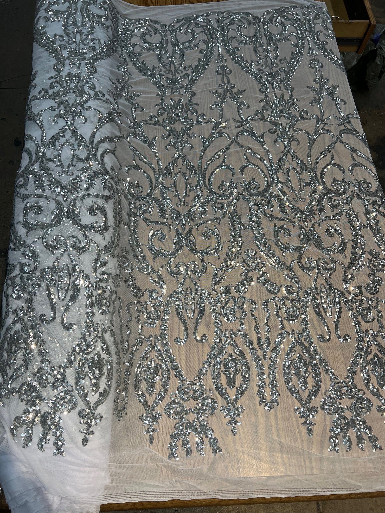 Esmeralda SILVER Sequins on WHITE Mesh Lace Fabric by the Yard - 10102