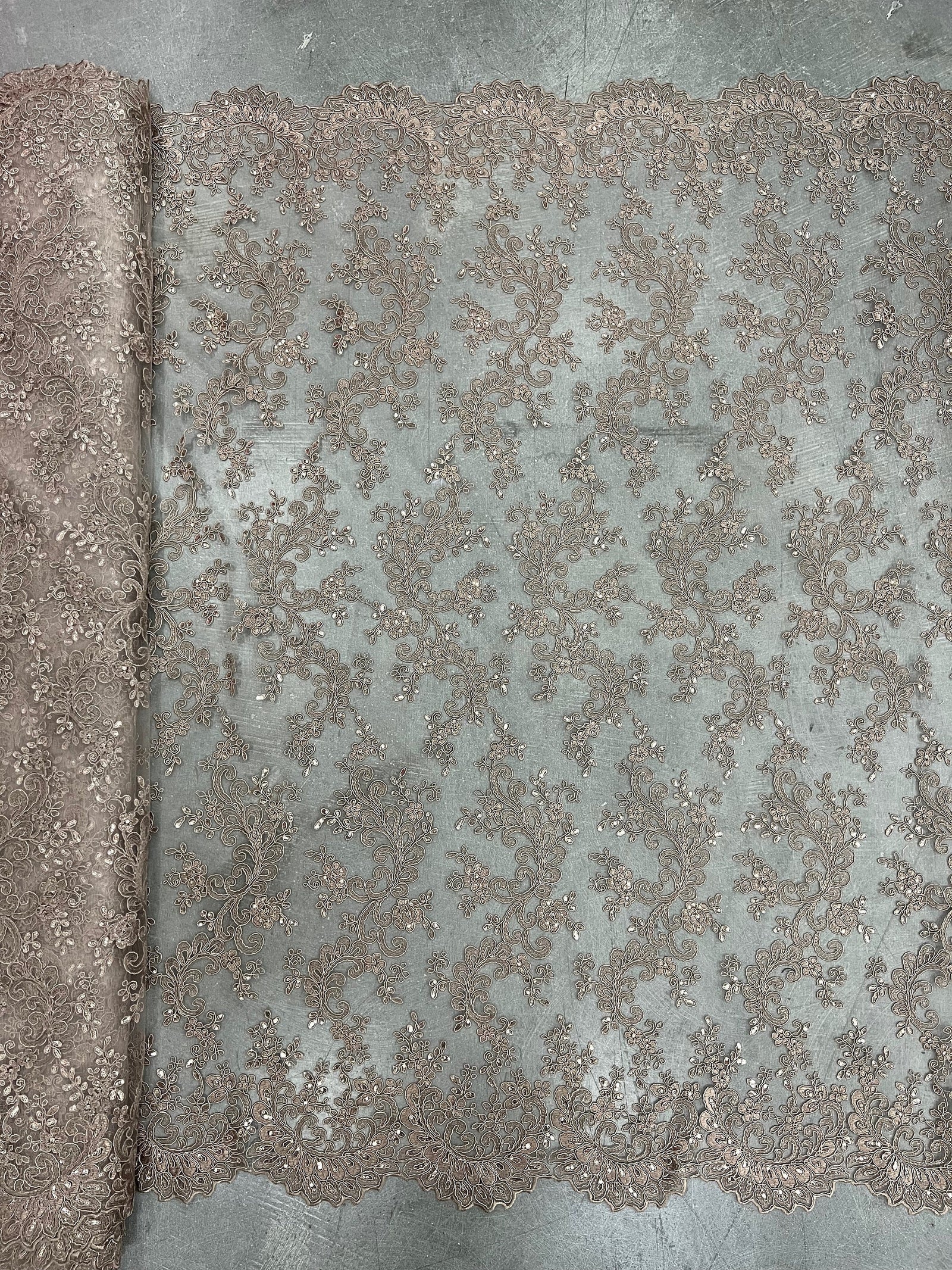 Melody TOFFEE Polyester Floral Embroidery with Sequins on Mesh Lace Fabric by the Yard for Gown, Wedding, Bridesmaid, Prom - 10002