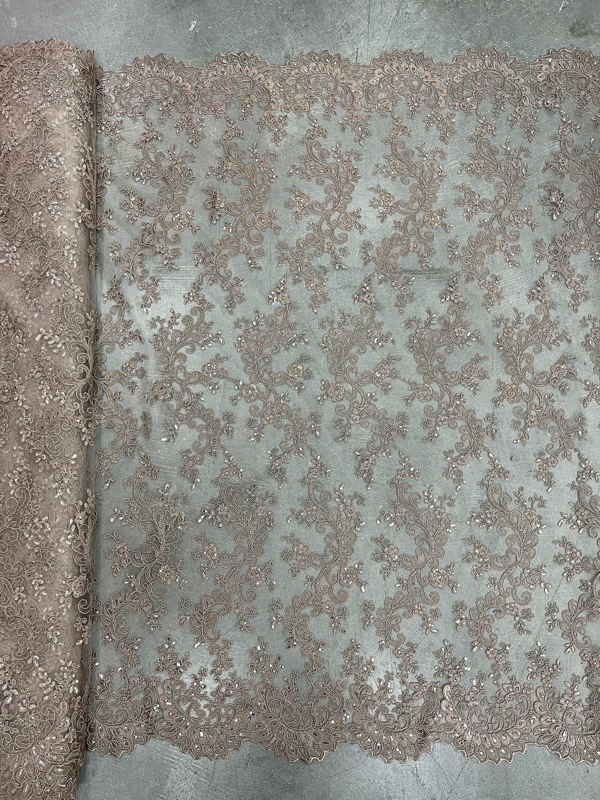 Melody TOFFEE Polyester Floral Embroidery with Sequins on Mesh Lace Fabric by the Yard for Gown, Wedding, Bridesmaid, Prom - 10002
