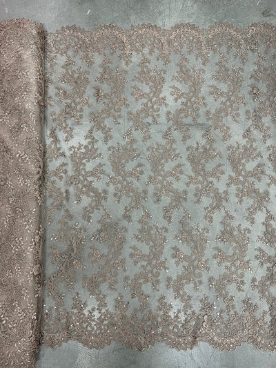 Melody TOFFEE Polyester Floral Embroidery with Sequins on Mesh Lace Fabric by the Yard for Gown, Wedding, Bridesmaid, Prom - 10002
