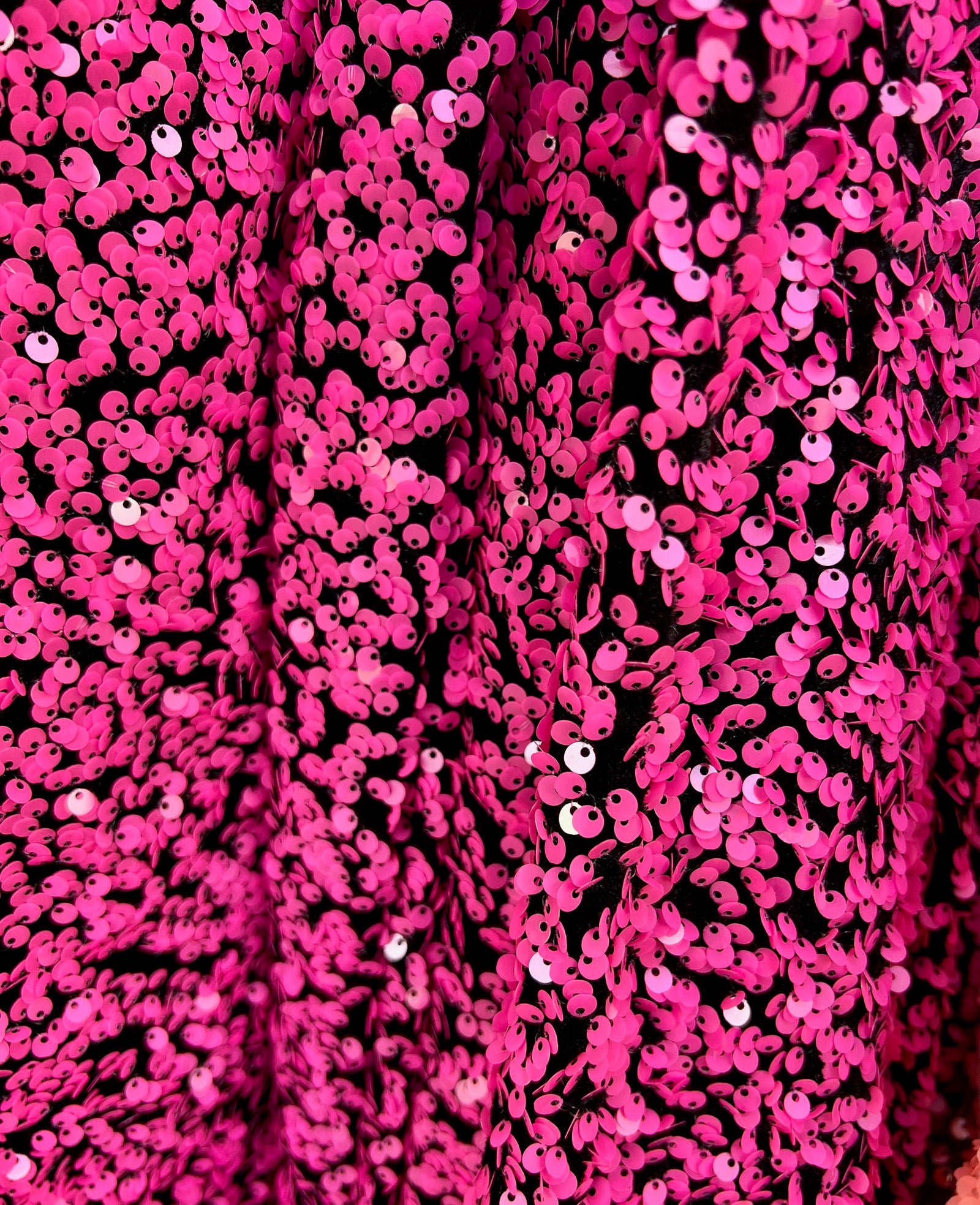 Stephanie HOT PINK Overlap Sequins on BLACK Stretch Velvet Fabric by the Yard for Gowns, Apparel, Costumes, Crafts - 10185