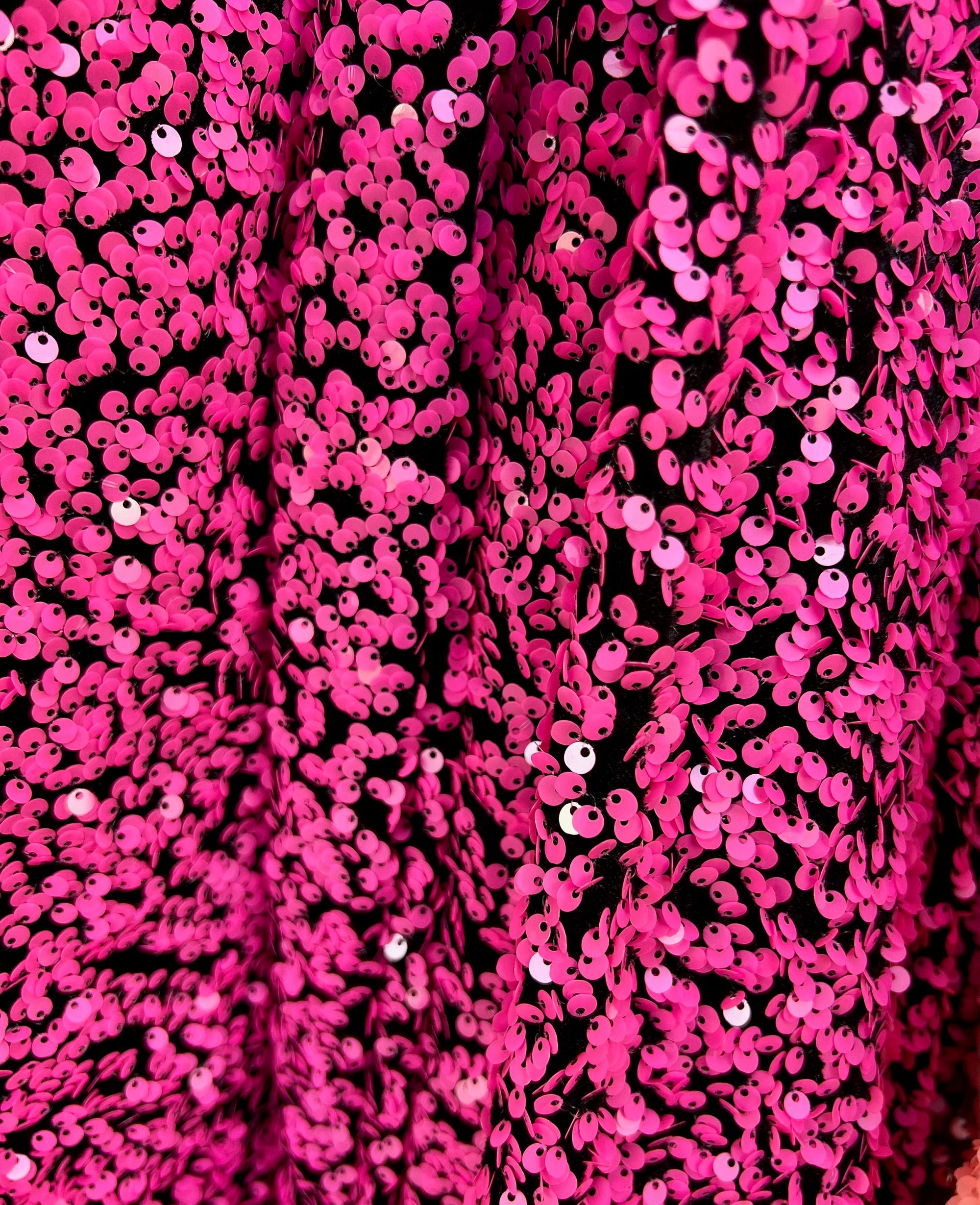 Stephanie HOT PINK Overlap Sequins on BLACK Stretch Velvet Fabric by the Yard for Gowns, Apparel, Costumes, Crafts - 10185