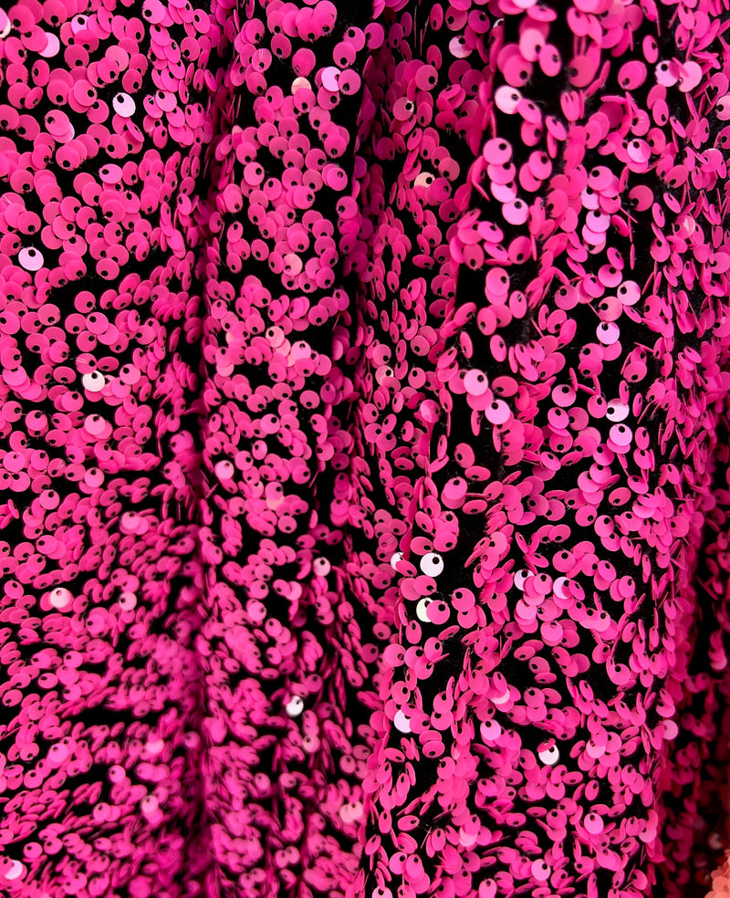 Stephanie HOT PINK Overlap Sequins on BLACK Stretch Velvet Fabric by the Yard for Gowns, Apparel, Costumes, Crafts - 10185