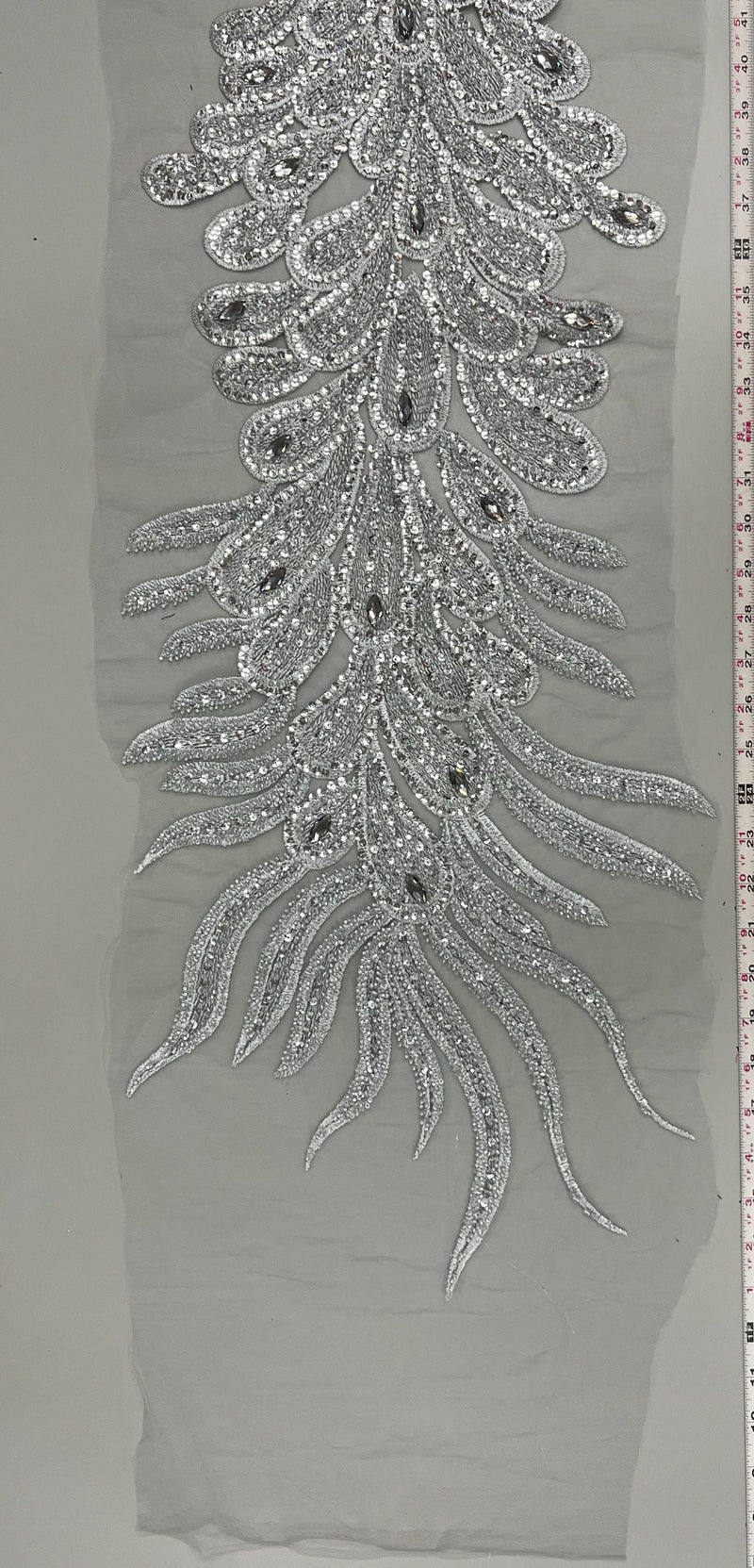 Angela SILVER Vegas Peacock Beaded Sequins Embroidered on Mesh Lace Fabric by Panel - 10227