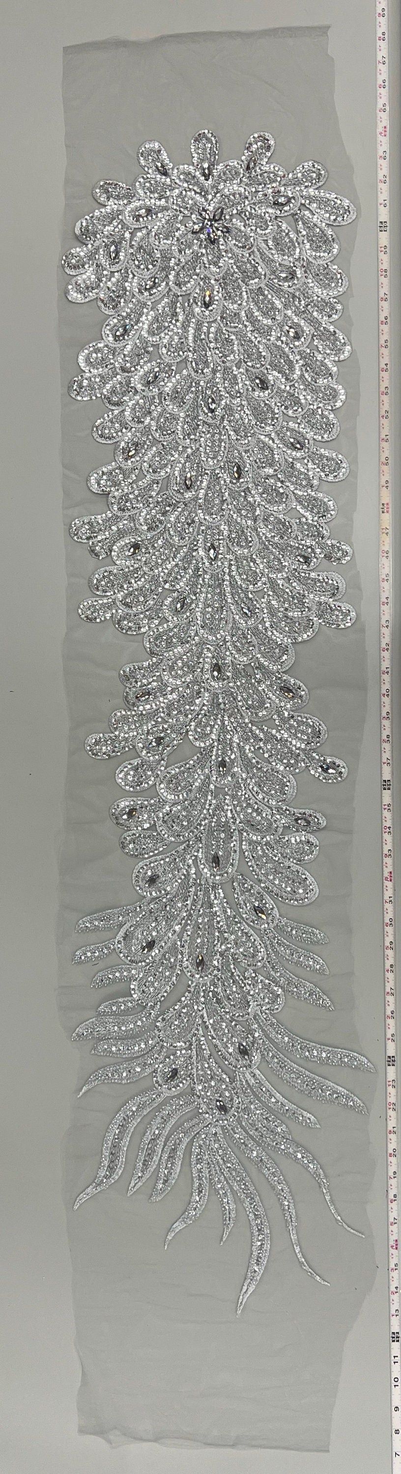 Angela SILVER Vegas Peacock Beaded Sequins Embroidered on Mesh Lace Fabric by Panel - 10227