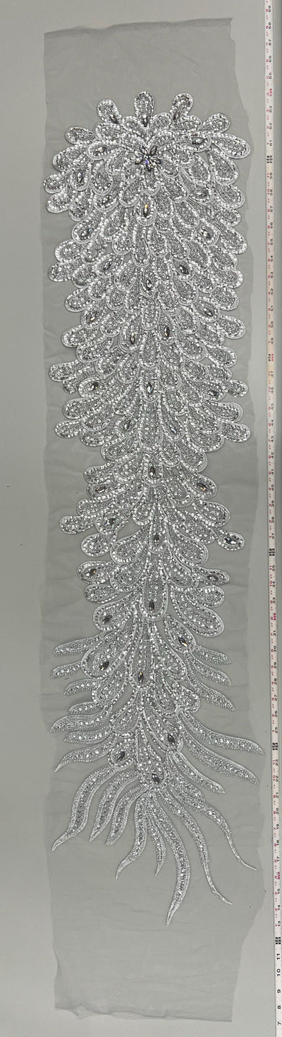 Angela SILVER Vegas Peacock Beaded Sequins Embroidered on Mesh Lace Fabric by Panel - 10227