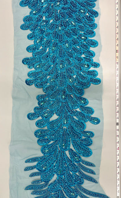 Angela TURQUOISE Vegas Peacock Beaded Sequins Embroidered on Mesh Lace Fabric by Panel - 10227