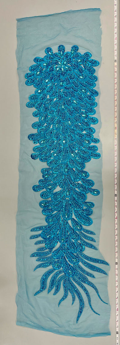 Angela TURQUOISE Vegas Peacock Beaded Sequins Embroidered on Mesh Lace Fabric by Panel - 10227