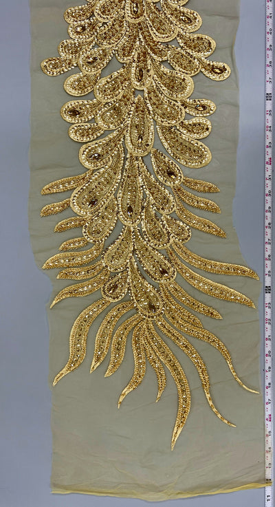 Angela GOLD Vegas Peacock Beaded Sequins Embroidered on Mesh Lace Fabric by Panel - 10227