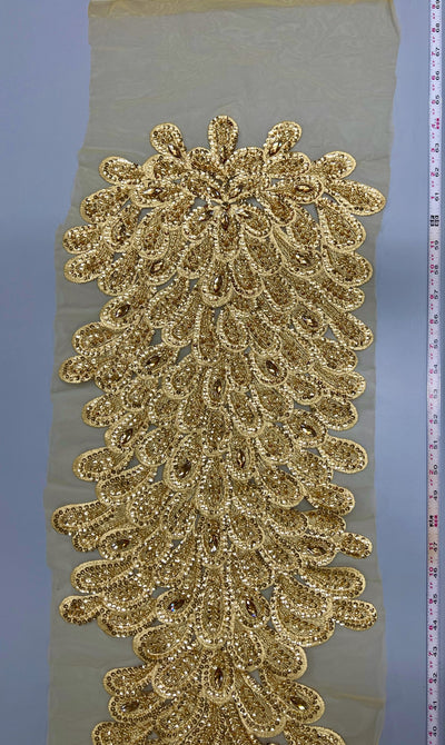 Angela GOLD Vegas Peacock Beaded Sequins Embroidered on Mesh Lace Fabric by Panel - 10227