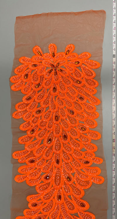 Angela NEON ORANGE Vegas Peacock Beaded Sequins Embroidered on Mesh Lace Fabric by Panel - 10227
